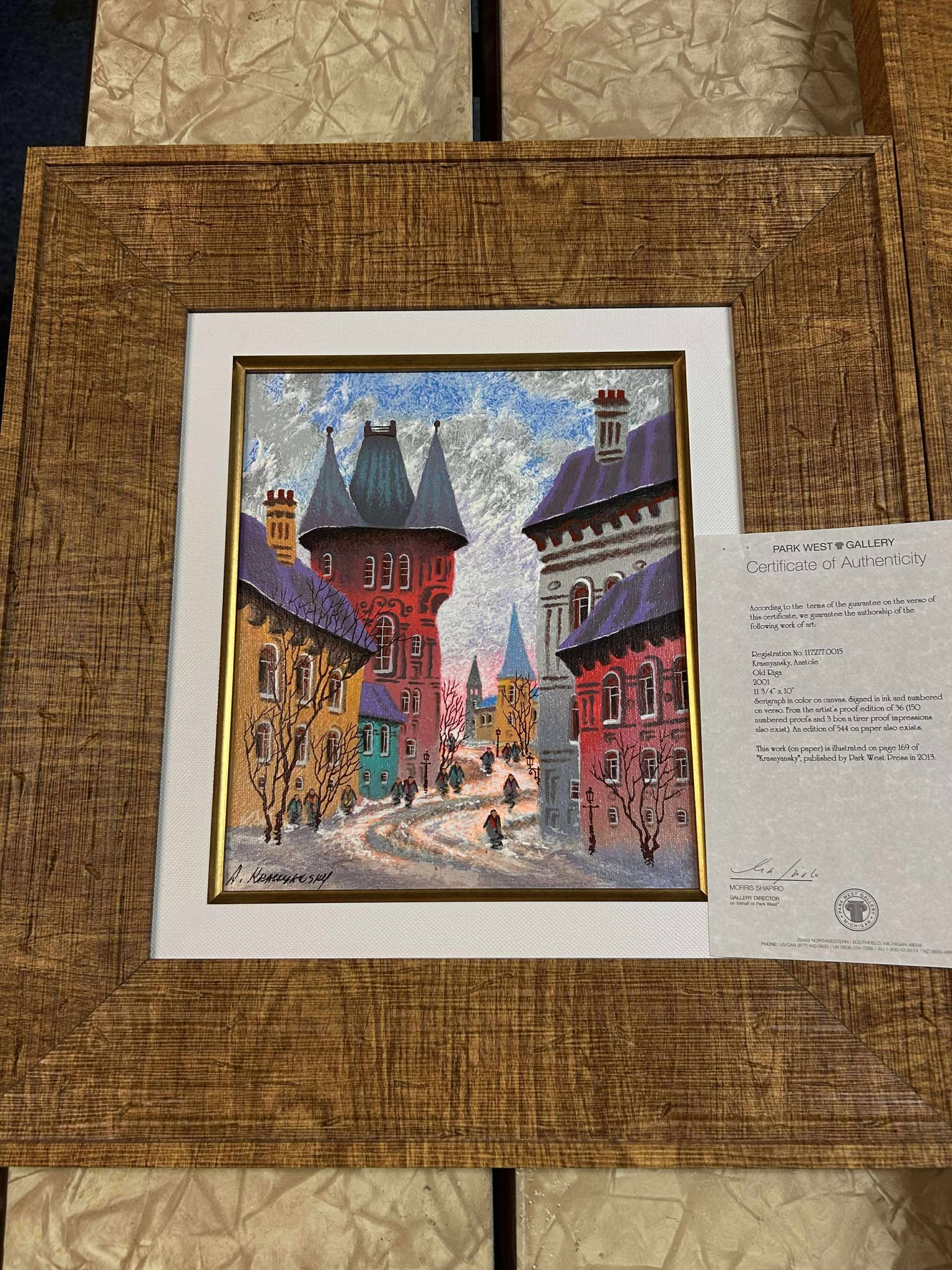 Anatole Krasnyansky Old Riga: Anatole Krasnyansky "Old Rige" 2001 11 3/4" x 10" image size Serigraph in color on canvas. Signed in ink and numbered on verso. Gallery framed, COA. CR