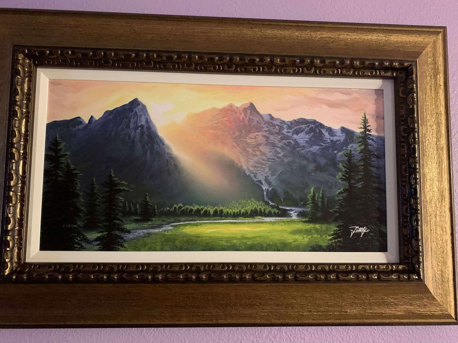 Jon Rattenbury Embrace of Dawn: Jon Rattenbury "Embrace of Dawn" 2021 12 1/2" x 25" image size Giclee in color on canvas. Hand-signed by the artist. Gallery framed, Appraisal. MK