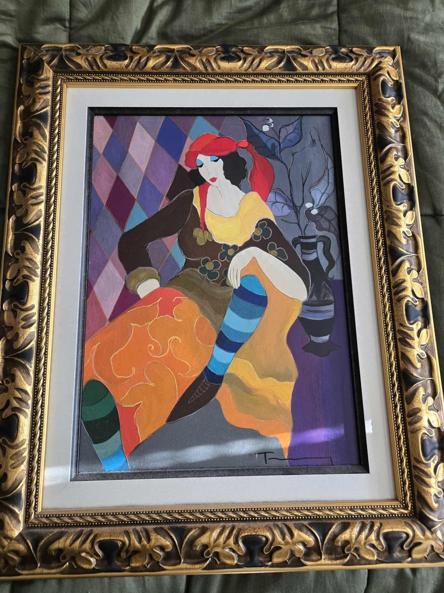 Itzchak Tarkay Gitana: Itzchak Tarkay "Gitana" 2011 17 7/16" x 12 9/16" image size Serigraph in color on canvas. Signed in ink lower right. Gallery framed, COA. Appraisal. SSR