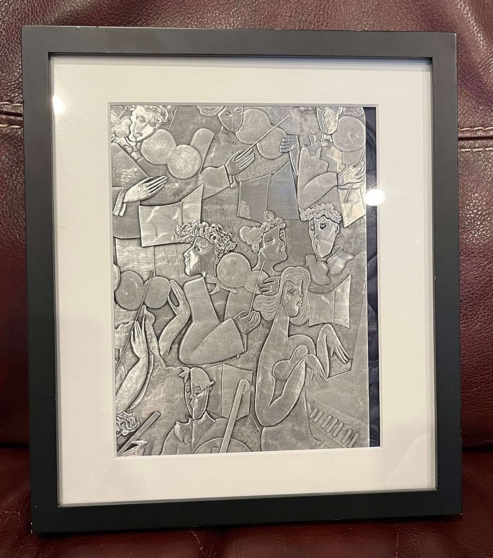 Linda Le Kinff L Orchestre Fou (aluminum): Linda Le Kinff "L'Orchestre Fou (aluminum)" 2001 9 15/16 x 7 7/16" Hand hammered relief on aluminum. Signed in the plate, lower right. Gallery framed, Appraisal . KHG