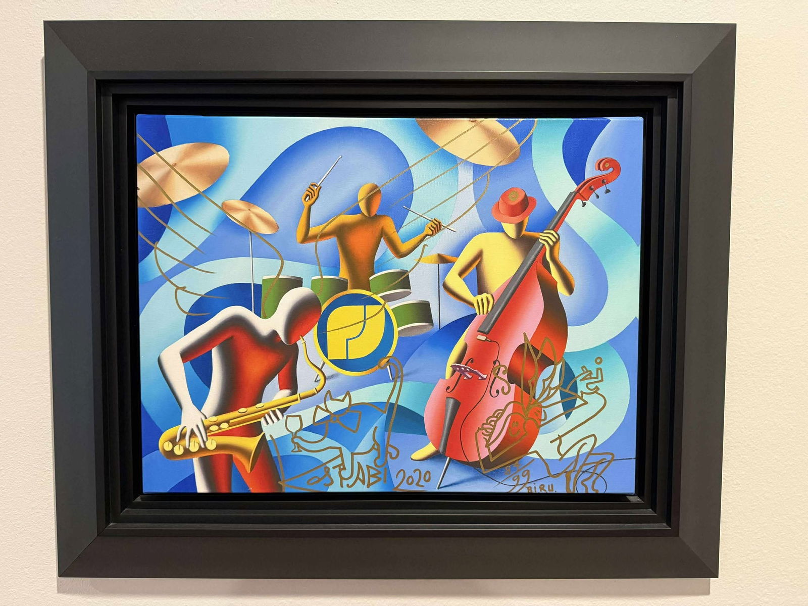 Mark Kostabi Beyond Swing: Mark Kostabi "Beyond Swing" 2020 18 1/8" x 24 1/8" image size Giclee in color with oil pen drawings on canvas. Hand-signed in oil pen lower center by the arist. Gallery framed, COA, Appraisal. MT