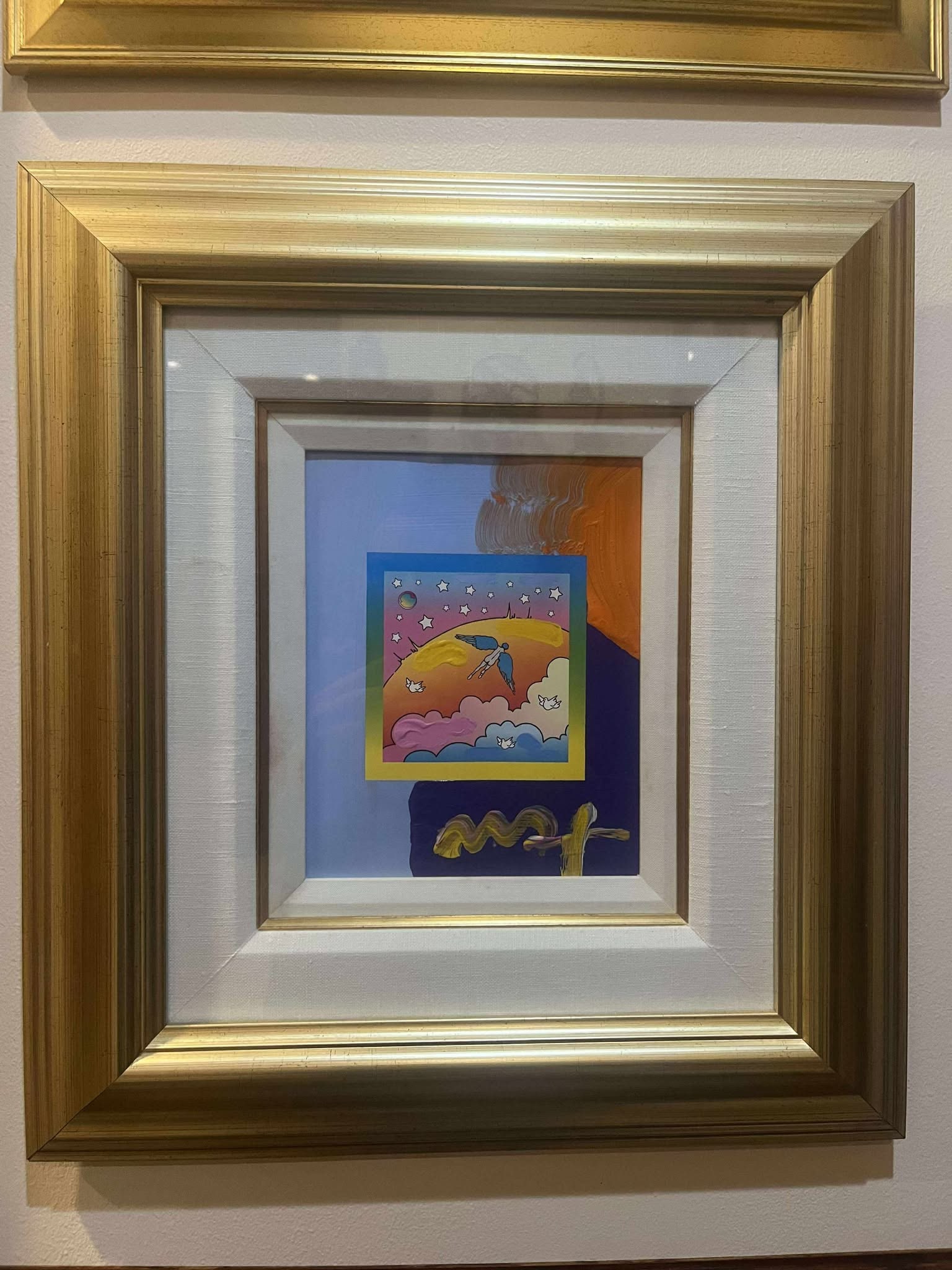 Peter Max Angel with Clouds on Blends num 447: Peter Max (Angel with Clouds on Blends # 447). 10" x 8" image size. Acrylic on lithograph, 2009 COA. Gallery Framed.RMS