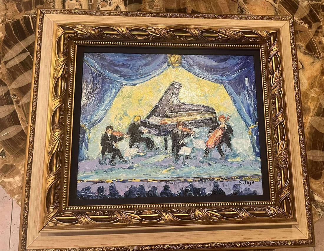 Duaiv Music: Duaiv "Music" 15" x 18 1/8" image size. Oil painting on canvas. Hand-signed in pigment lower right by he artist. A unique work. Gallery Framed. COA, Appraisal. RMS