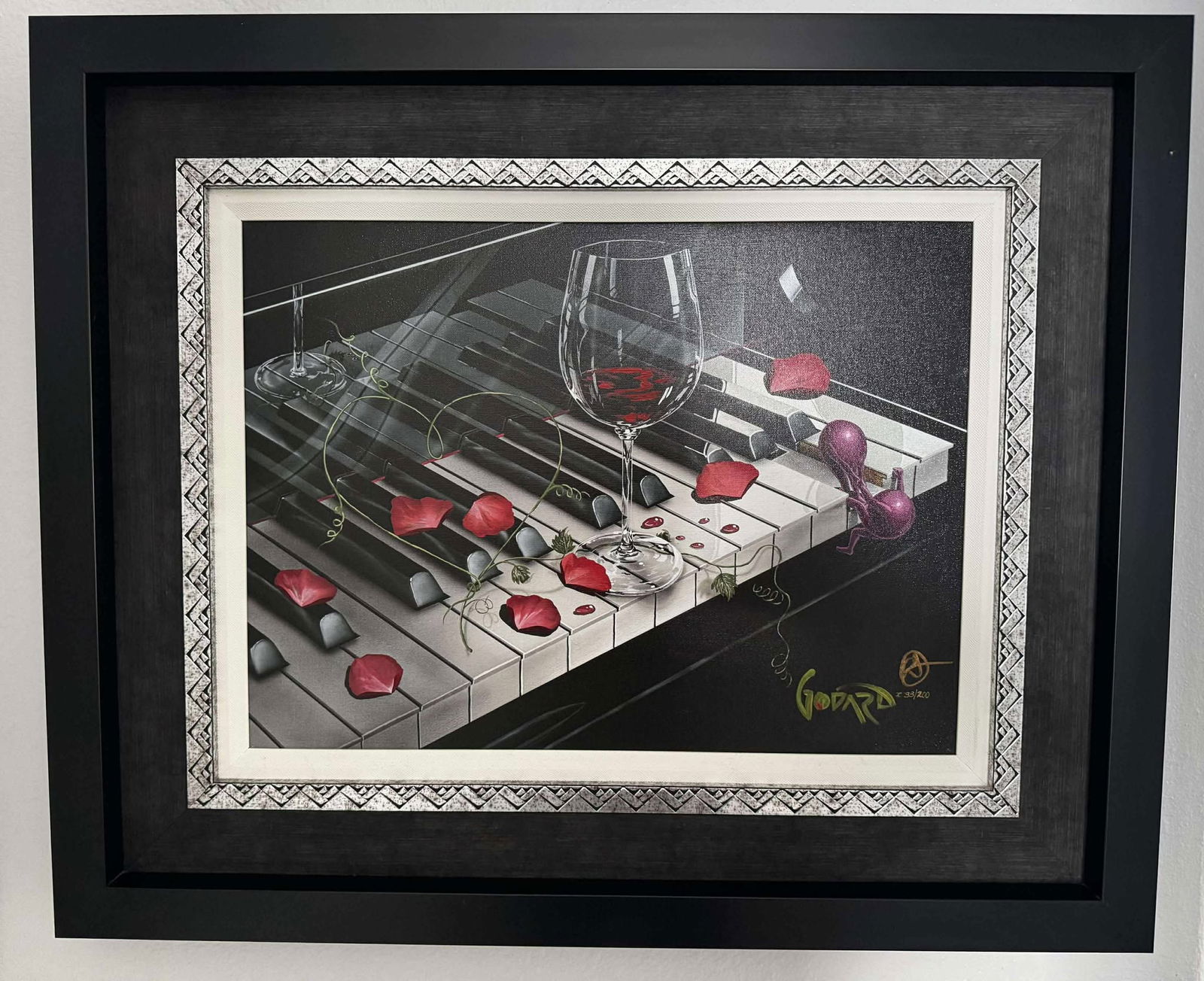 Michael Godard Piano Keys: Michael Godard "Piano Keys" 16" X 21 1/2" image size. Giclee in color with hand-embellishment on canvas. Hand signed in ik lower right by the artist. Gallery Framed. COA. Appraisal. MM