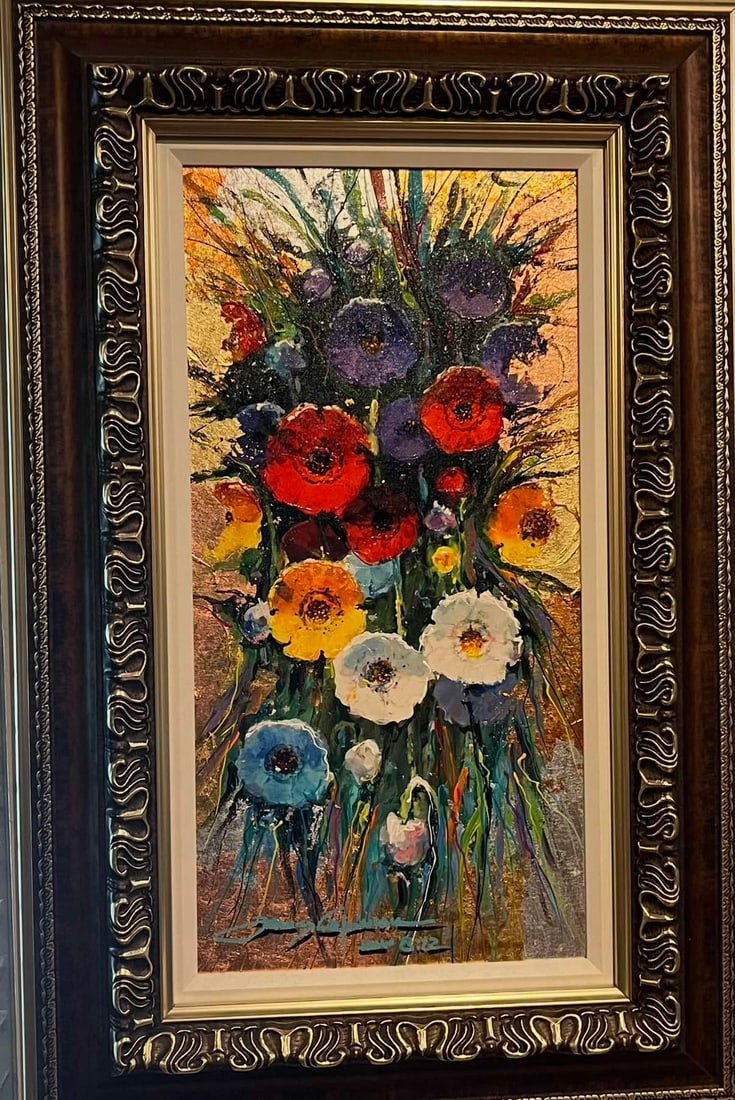 James Coleman Beauty in Bloom: James Coleman "Beauty in Bloom" 24" x 12" image size. Mixed media on canvas. Signed in pigment lower left by the artist. Signed and titled on Verso. Unique variation. Gallery Framed.COA. Appraisal.