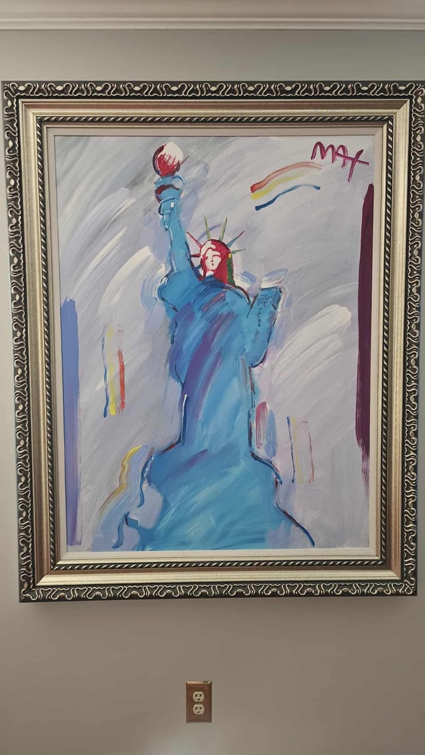Peter Max Statue of Liberty Ver. VIII num 117: Peter Max "Statue of Liberty Ver VIII # 117" 2017 45" x 34" image size Acrylic painting on canvas from the Peter Max Studio. Hand-signed in pigment upper right by the artist. A Unique work. Gallery fr