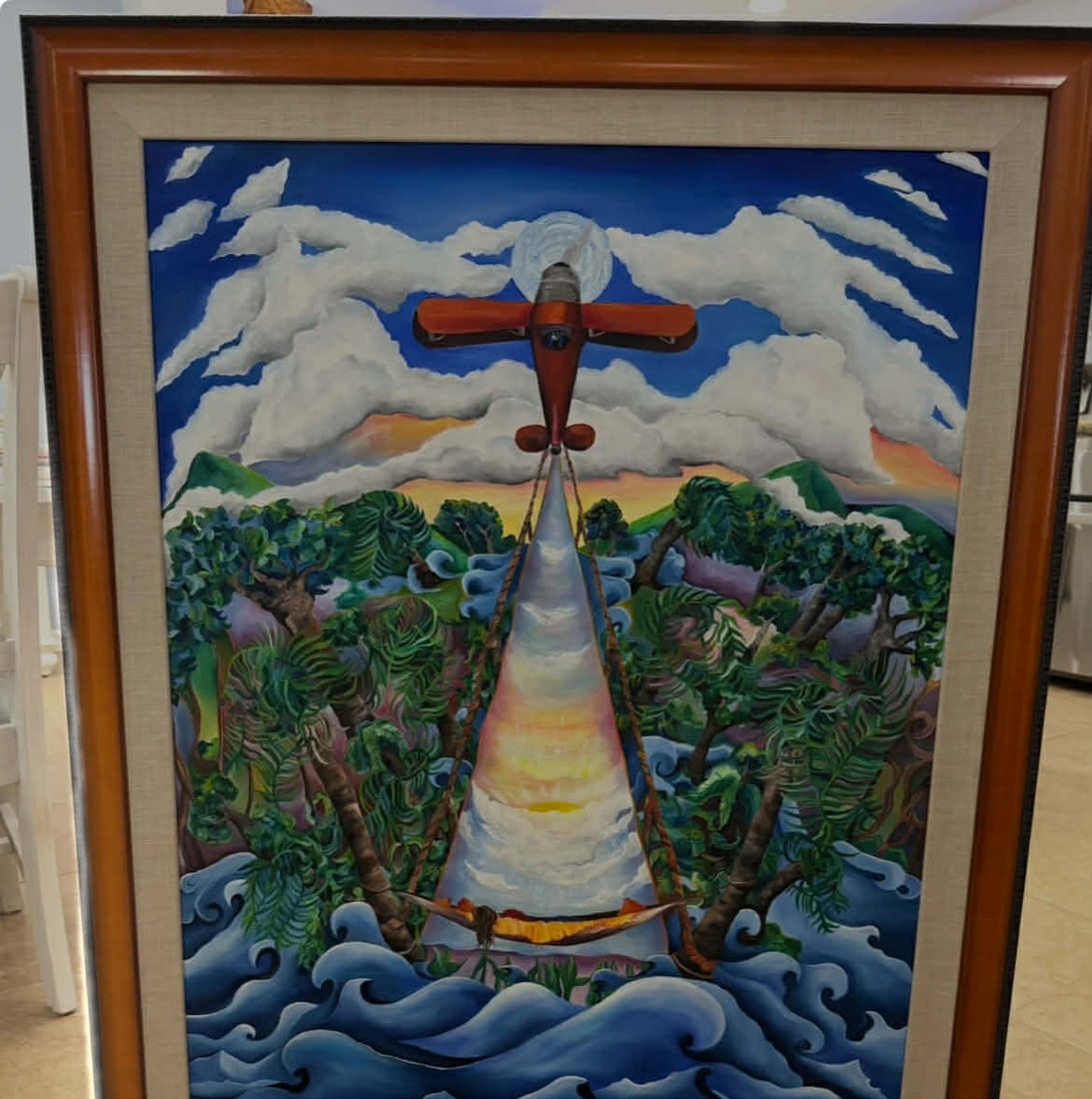 Airplane and waves: unknown artist possible Linnea. 37" x 47" framed
