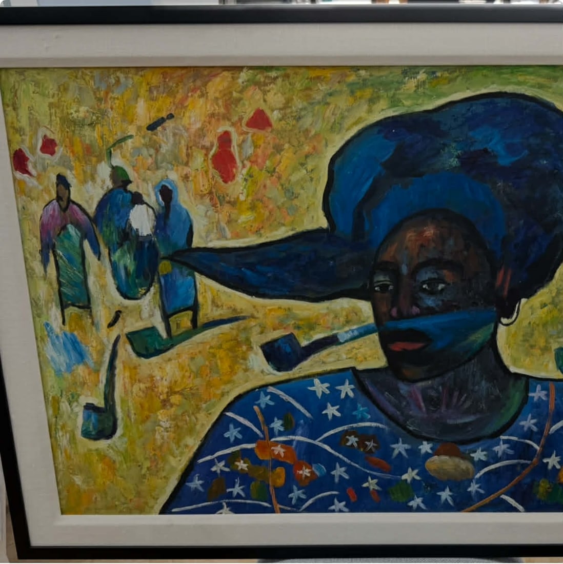 unknown artist blue headdress: Unknown artist woman with blue headdress pipes on canvas 41" x 29" no paperwork