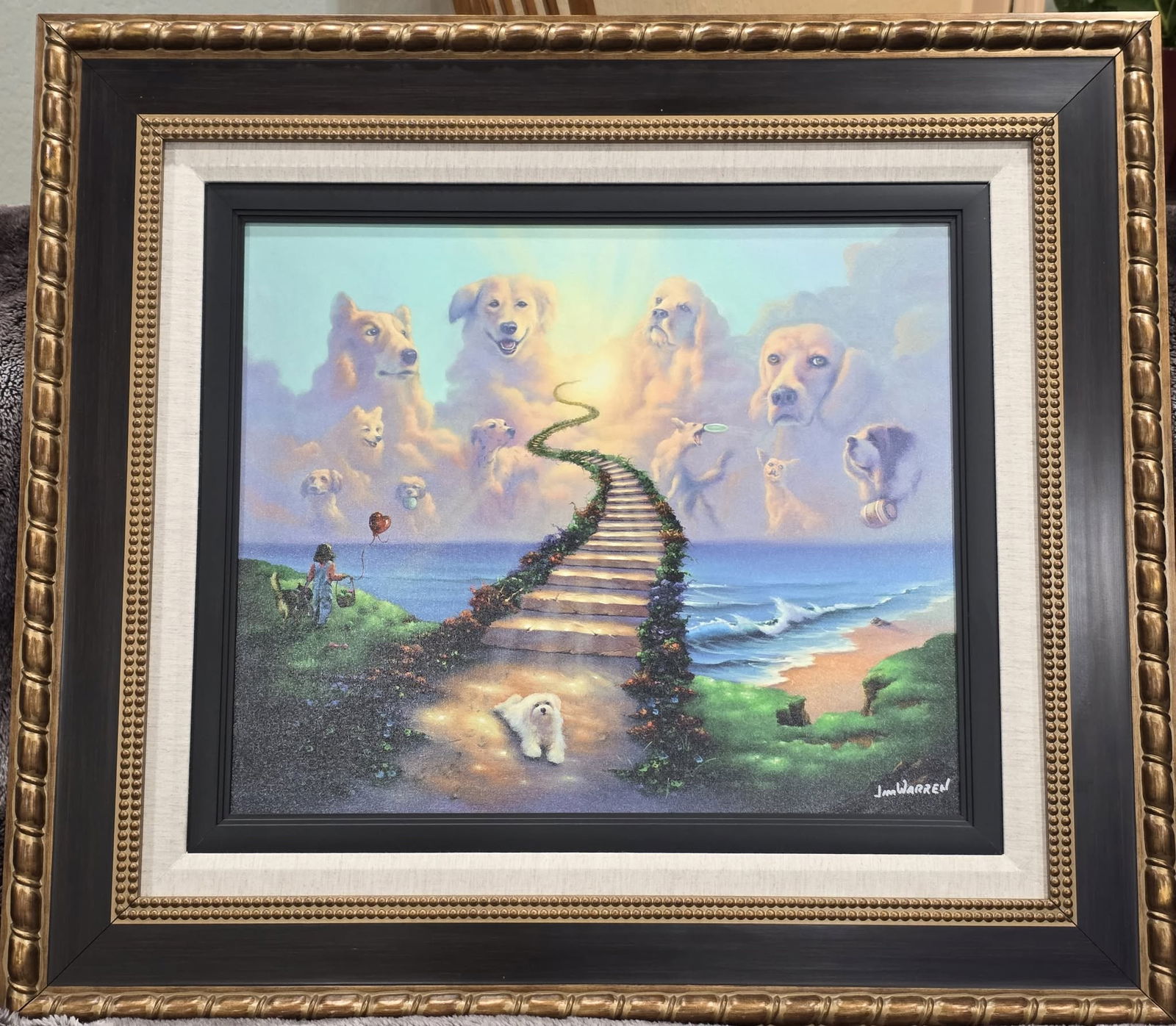Jim Warren All Dpgs Go to Heaven IV: Jim Warren "All Dogs Go to Heaven IV" 2016 18 5/8" x 22 3/4" image size Giclee in color on canvas. Hand-signed in ink lower right by the artist. Gallery framed, Appraisal. MS