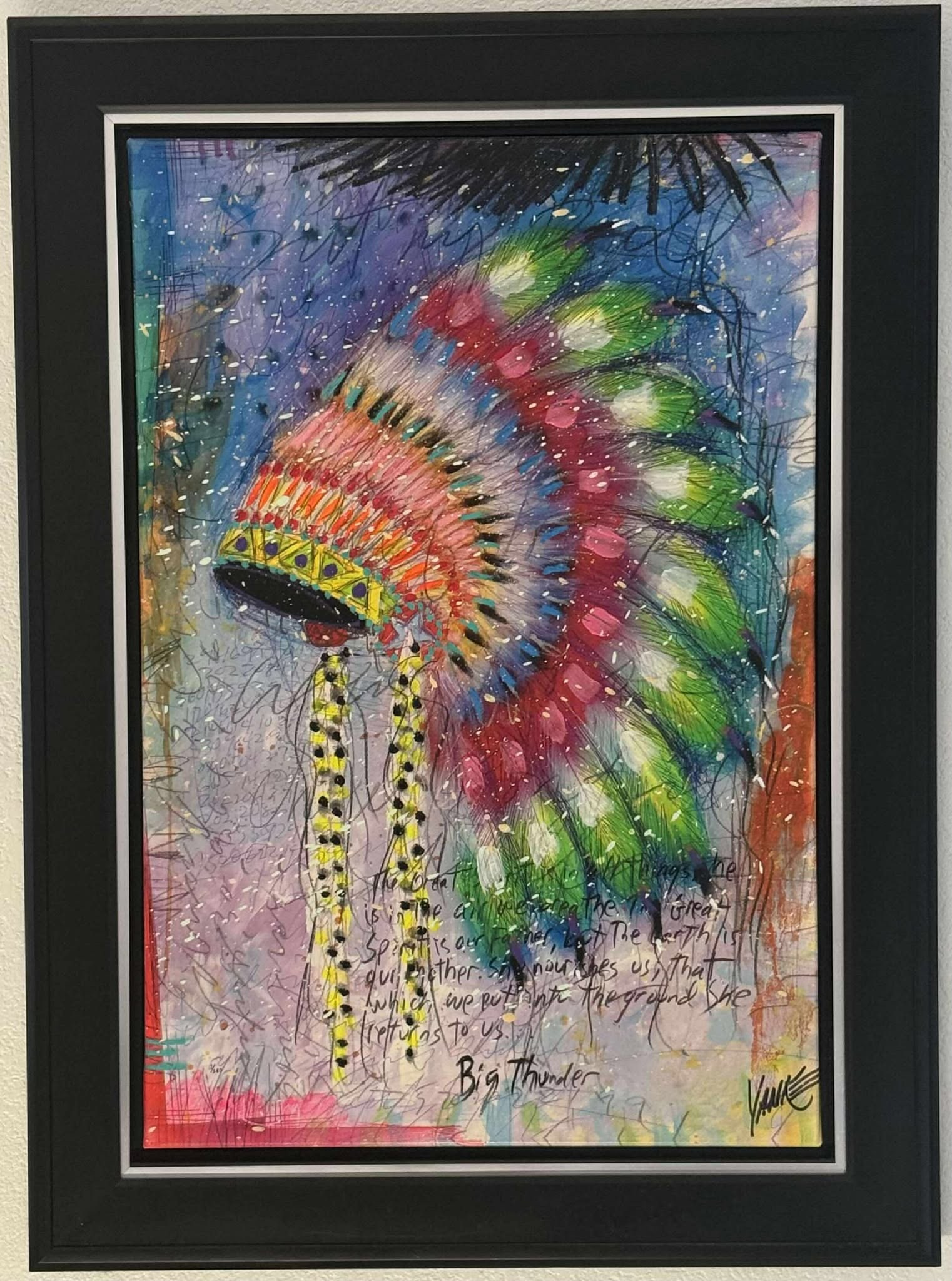 Tim Yanke Big Thunder: Tim Yanke Big Thunger Headdress Giclee on canvas. Framed. 24" x 26"