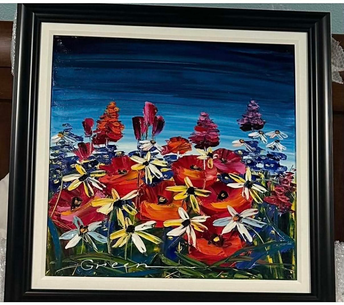 Maya Green A Sunrise Painted for my Eyes: Maya Green "A Sunrise Painted for My Eyes" 2017 24 3/8" x 24 1/4" image size Oil Painting on canvas. Hand-signed in pigment lower left by the artist. A unique work. Gallery framed, Appraisal. CMK