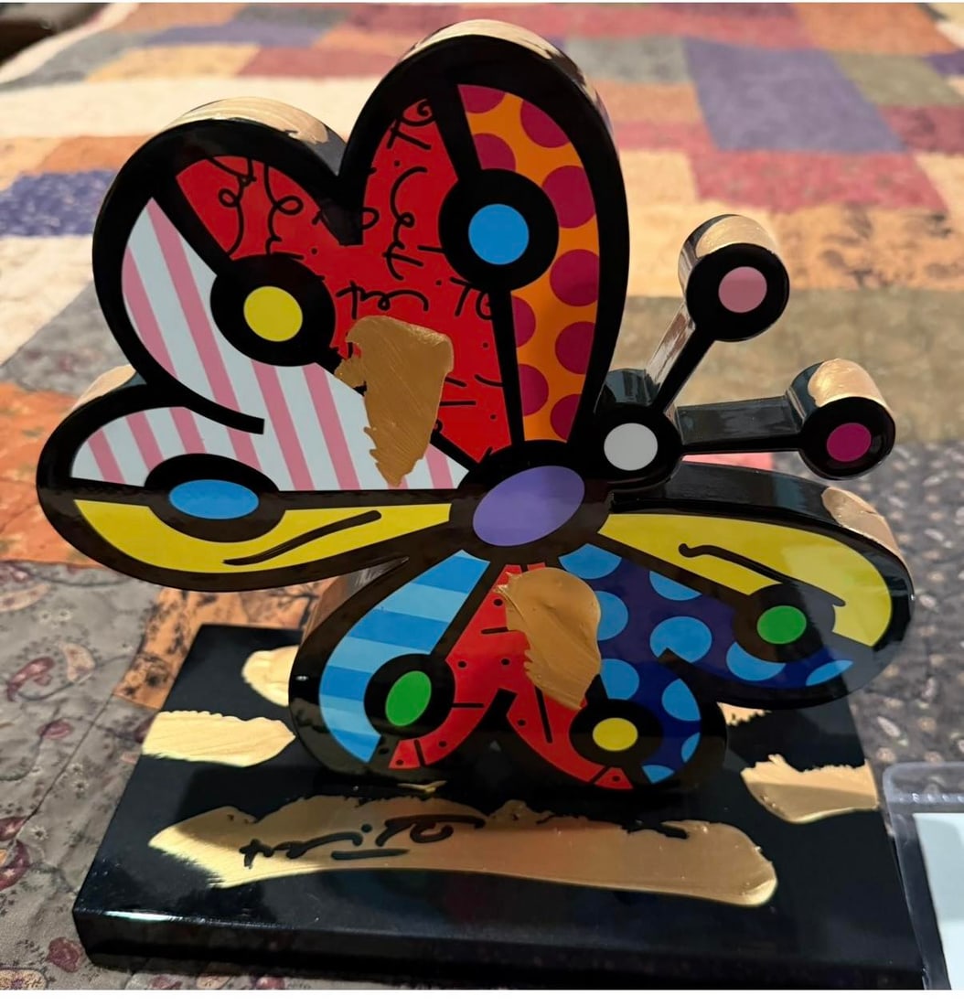 Romero Britto Touch of Gold - Garden Butterfly: Romero Britto "Touch of Gold - Garden Butterfly" 2023 9" x 8.75" x 4.75" Acrylic paint oil, pen and resin sculpture. COA. CMK