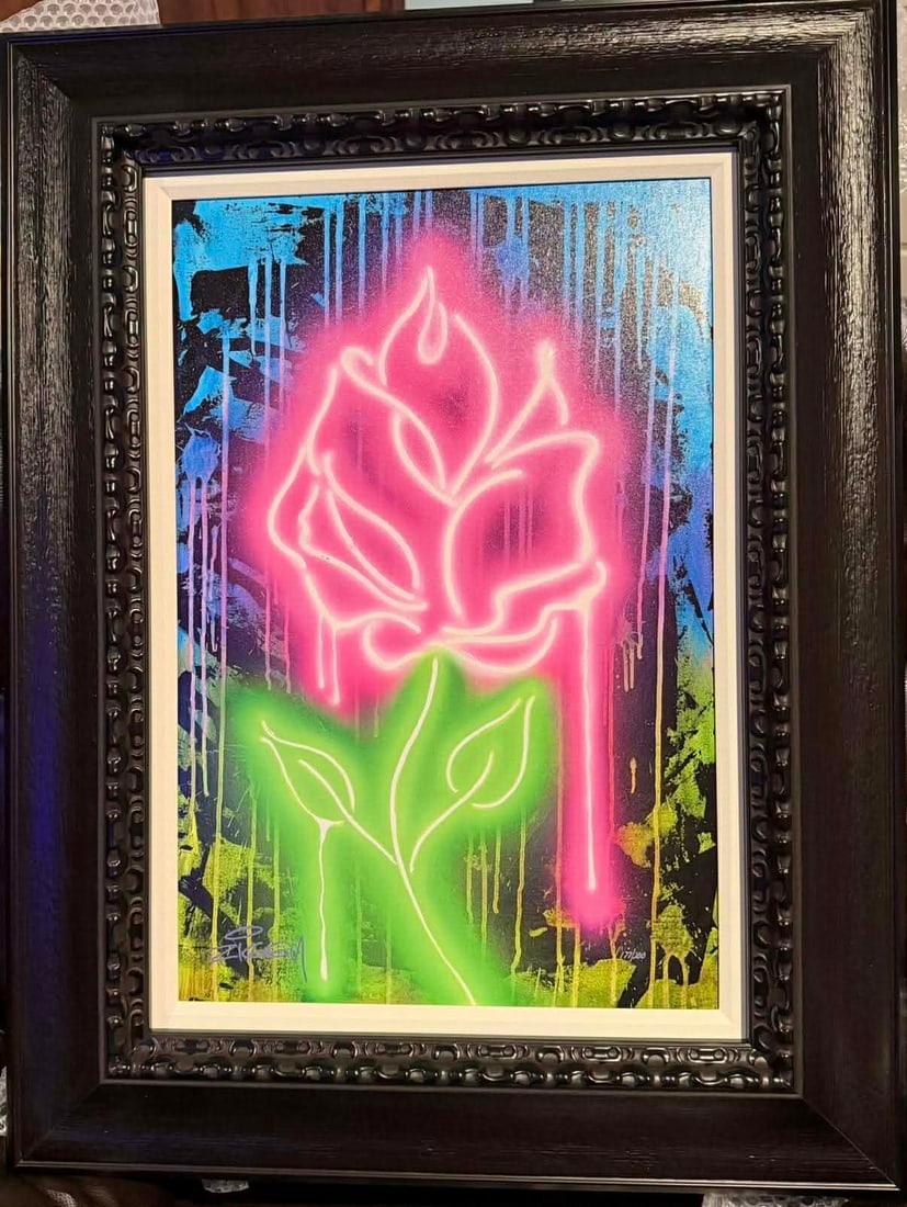 Ziggy Neon Rose: Ziggy "Neon Rose" 2023 24" x 16" image size Giclee in color with hand-embellishment on canvas. Hand-signed by the artist. Gallery framed, COA, CMK