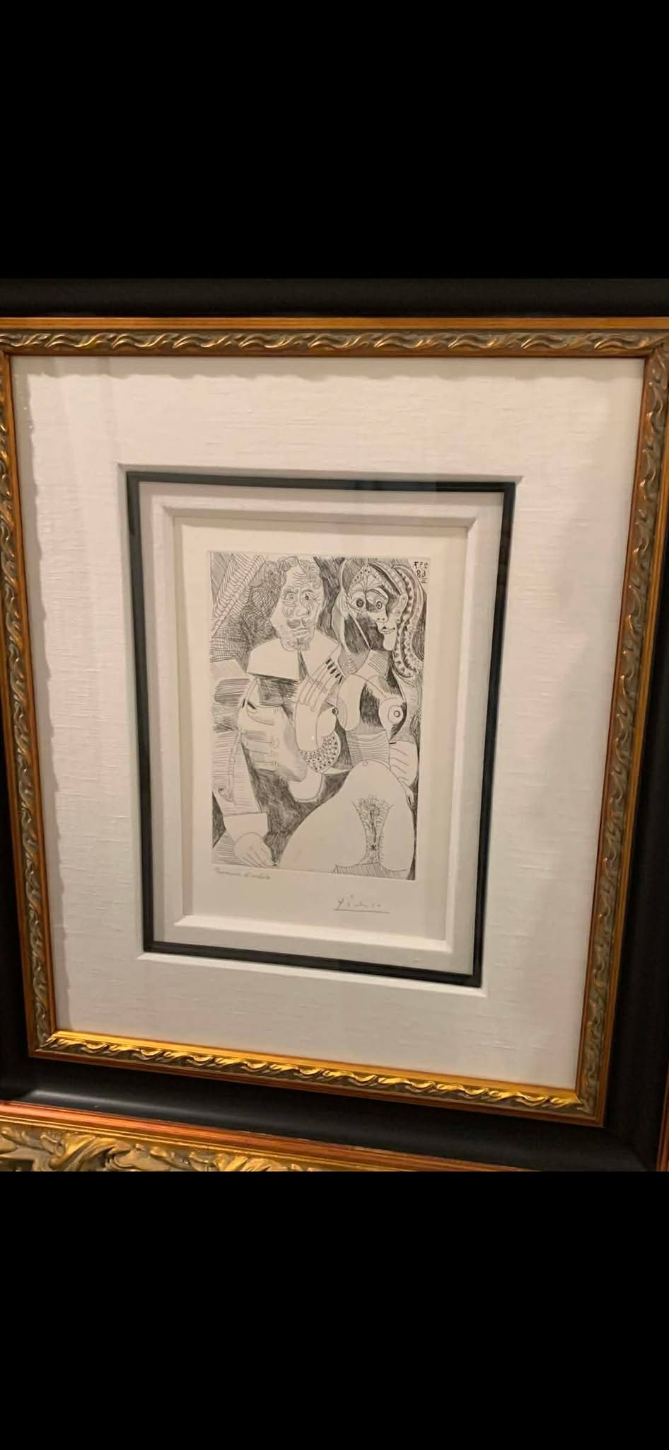 Pablo Picasso Homme Rembranesque a la Pipe et Courtisane: Pablo Picasso ""homme Rembranesque a la Pipe et Courtisane" 347 series no 225 1968 8 3/4" x 5 3/4" image size Etching with awuaitint on BFK Rives Paper with full margins., Signed in pencil and dated