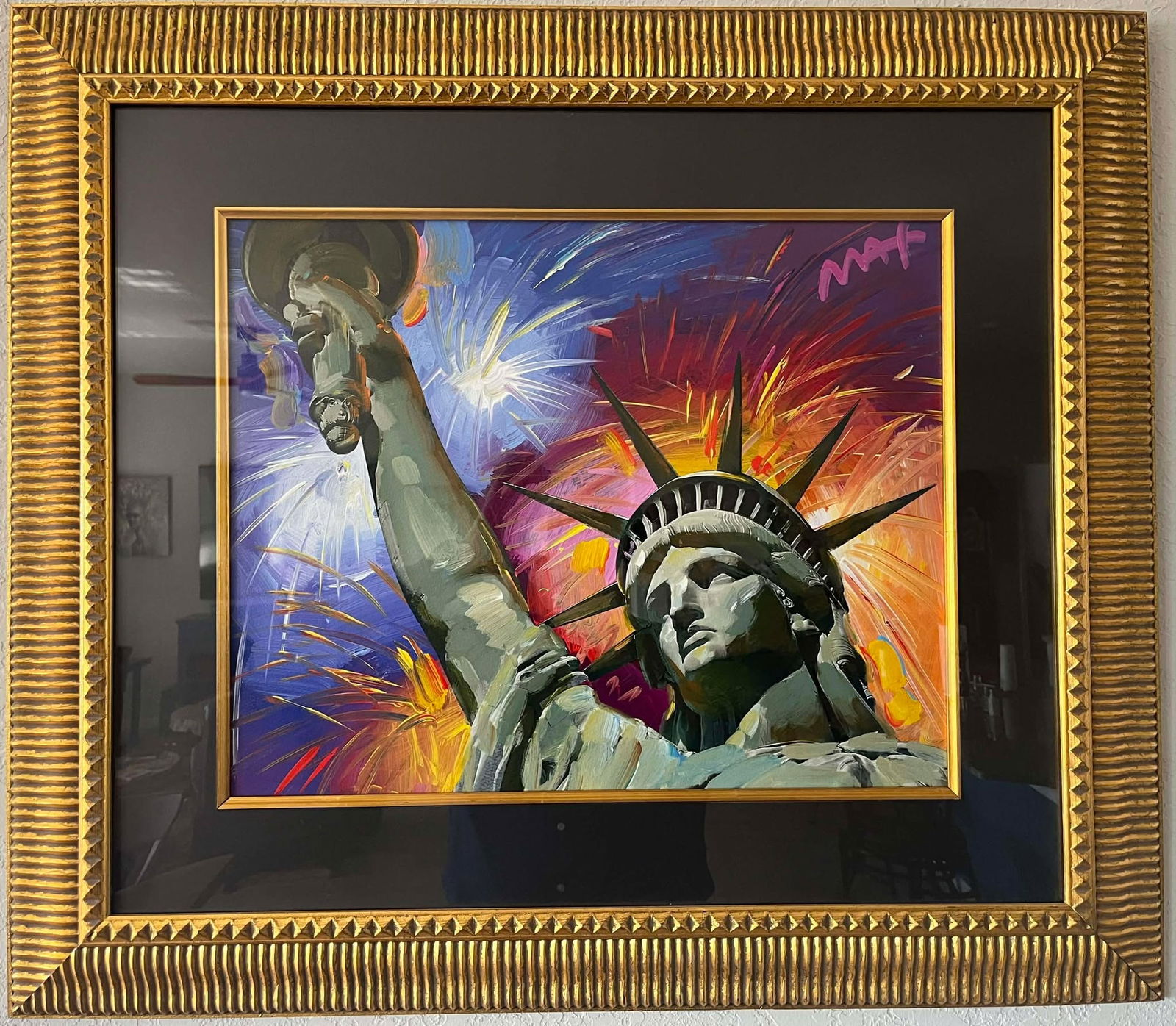 Peter Max Statue of Liberty Fireworks: Peter Max "Statue of Liberty - Fireworks Ver." 16" x 20" image size. Mixed media on paper. Gallery Framed. Appraisal. BK
