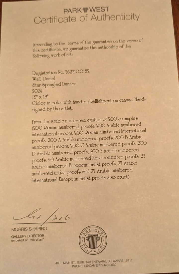 Daniel Wall Star Spangled Banner: Daniel Wall "Star Spangled Banner" 2024, 18" x 18" image size Giclee in color with hand embellishment on canvas. Hand signed by artist. Gallery Framed. Appraisal. SS
