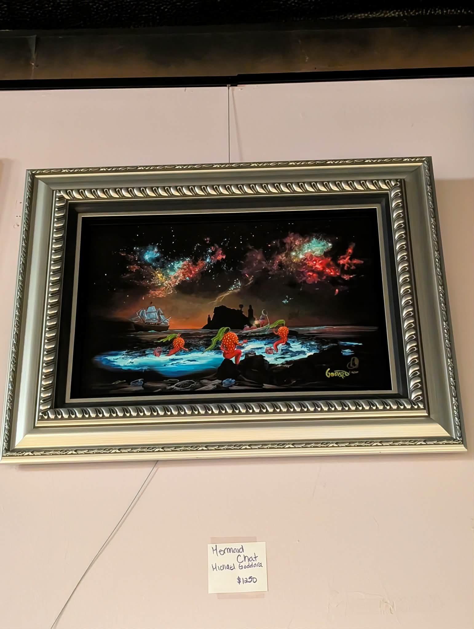 Michael Godard Mermaid Chat: Michael Godard "Mermaid Chat" 2023. 15 1/2 x 23 1/4 Image size. Giclee in color with hand embellishment on canvas. Hand signed by artist. Gallery Framed. Appraisal. SS