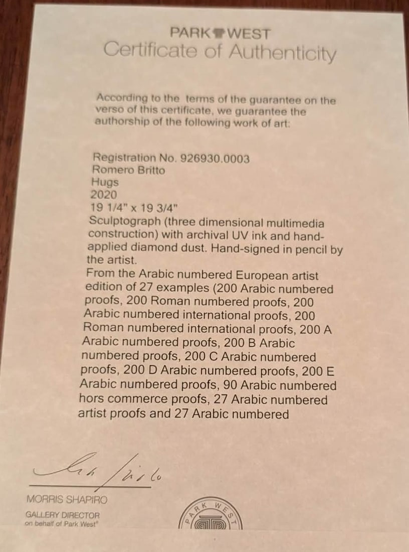 Romero Britto Hugs: Romero Britto "Hugs" 2020. 19 1/4" X 19 3/4". Sculptogaph with archival UV ink and hand applied diamond dust. Hand signed in pencil by artist. Gallery Framed. COA. Appraisal. SS