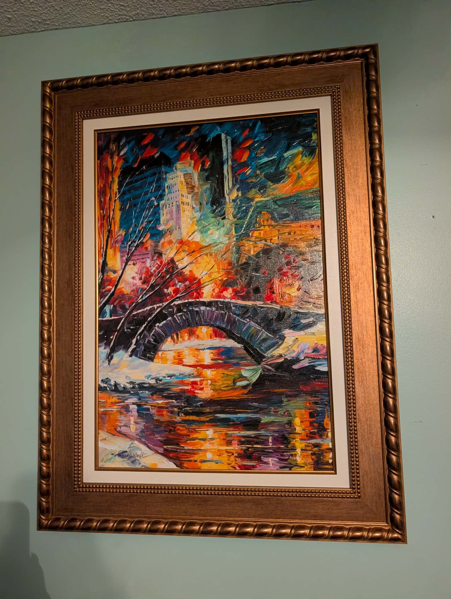 Daniel Wall Central Park: Daniel Wall "Central Park" 2020. 30" x 20" image size. Giclee in color with hand embellishment on canvas. Hand signed in pigment by the artist. Gallery Framed. Appraisal. SS