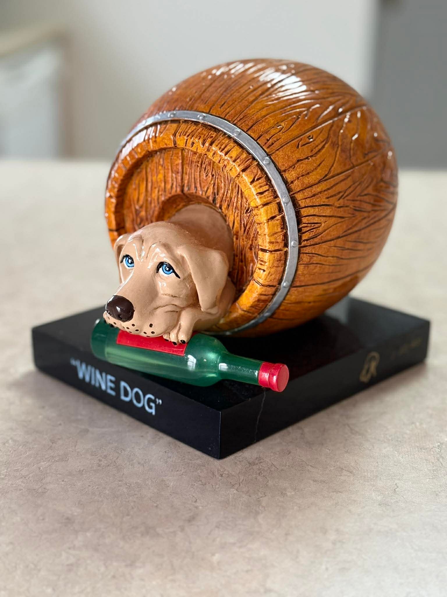 Michael Godard Wine Dog: Michael Godard "Wine Dog" 7" x 6" x 8" Hand-painted sculpture in resin. Hand-signed in pigment by the artist. Appraisal