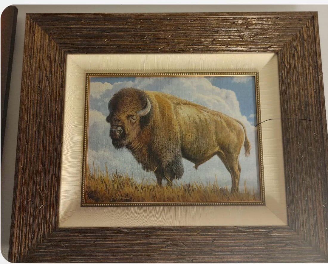 Pat McManus Big Sky Bison: Pat McManus "Big Sky Bison" UNIQUE 12" x 16" image size Oil painting on canvas board. Hand-signed in pigment lower left by the artist. Signed, titled, and dated on the verso. Gallery framed COA