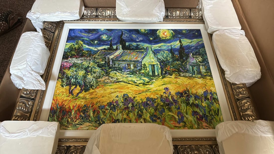 Tribute to Van Gogh: Duaiv "Tribute to Van Gogh" 2018 22"x 27 5/8" (image size) Giclee in color with hand-embellishment on canvas. Hand-signed in pigment lower right by the artist. Gallery Framed, COA, Appraisal.