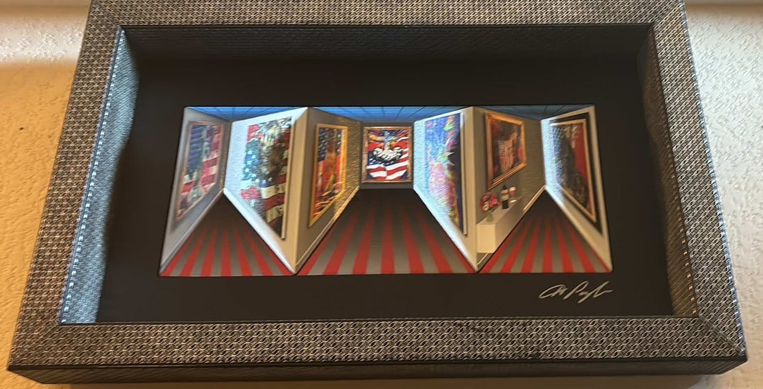 United: Dominic Pangborn "United" 2018 15"x26 1/2" (Image size) Three dimensional construction consisting of giclee on canvas mounted onto a three dimensional acrylic support. Hand-signed in ink lower right