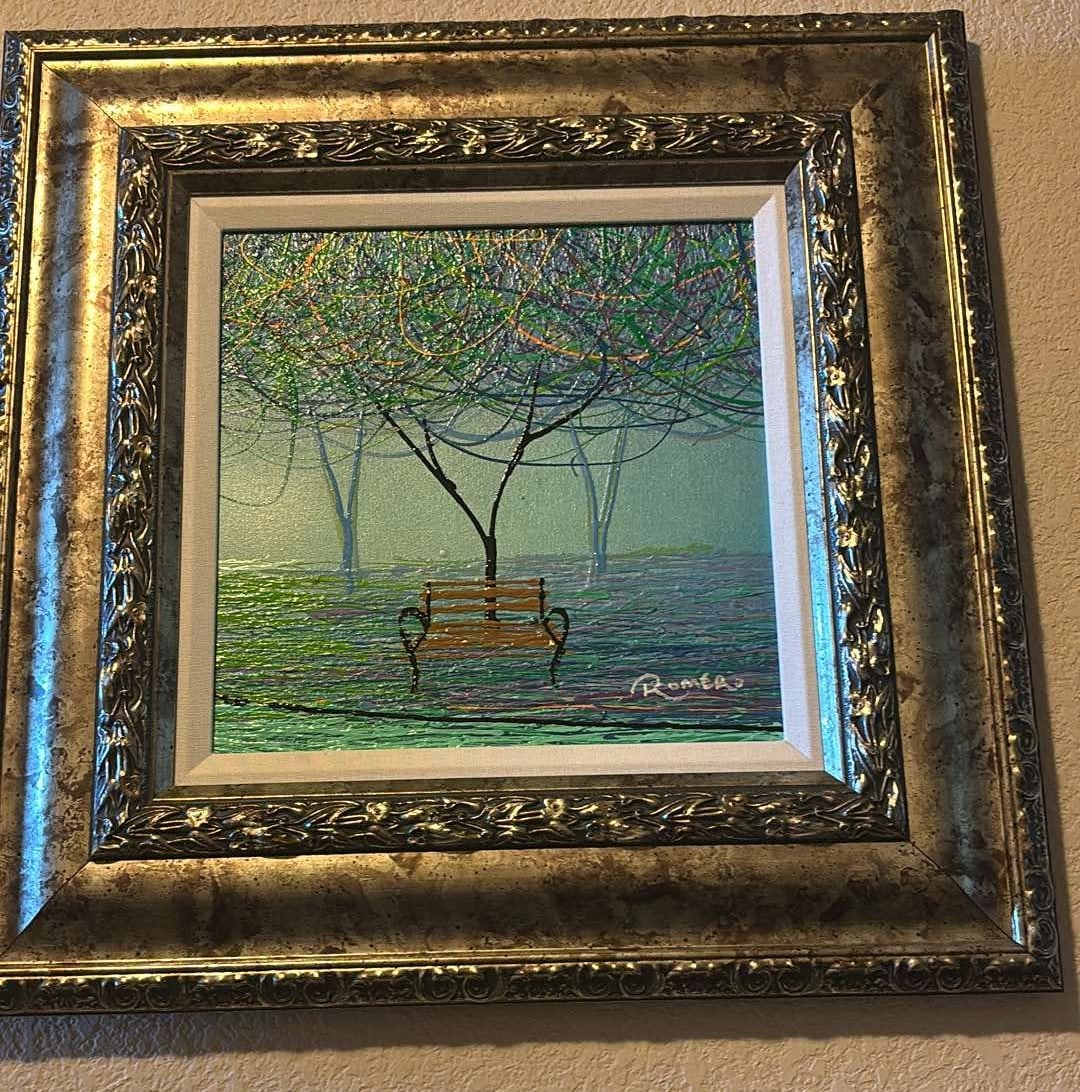 Mini Triptych Bench: Mike Romero "Mini Triptych (Bench)" 2018 12"x12" (Image size) Acrylic painting on canvas. Hand-signed in pigment lower right by the artist. Signed and titled on verso. A unique work. Gallery framed,