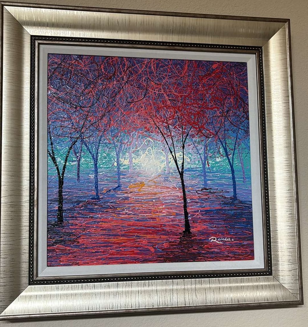 Hidden in the Trees: Mike Romero "Hidden in the Trees" 2018 20"x20" (Image size) Acrylic painting on canvas. Hand-signed in pigment lower right by the artist. Signed and titled on verso. A unique work. Gallery framed,