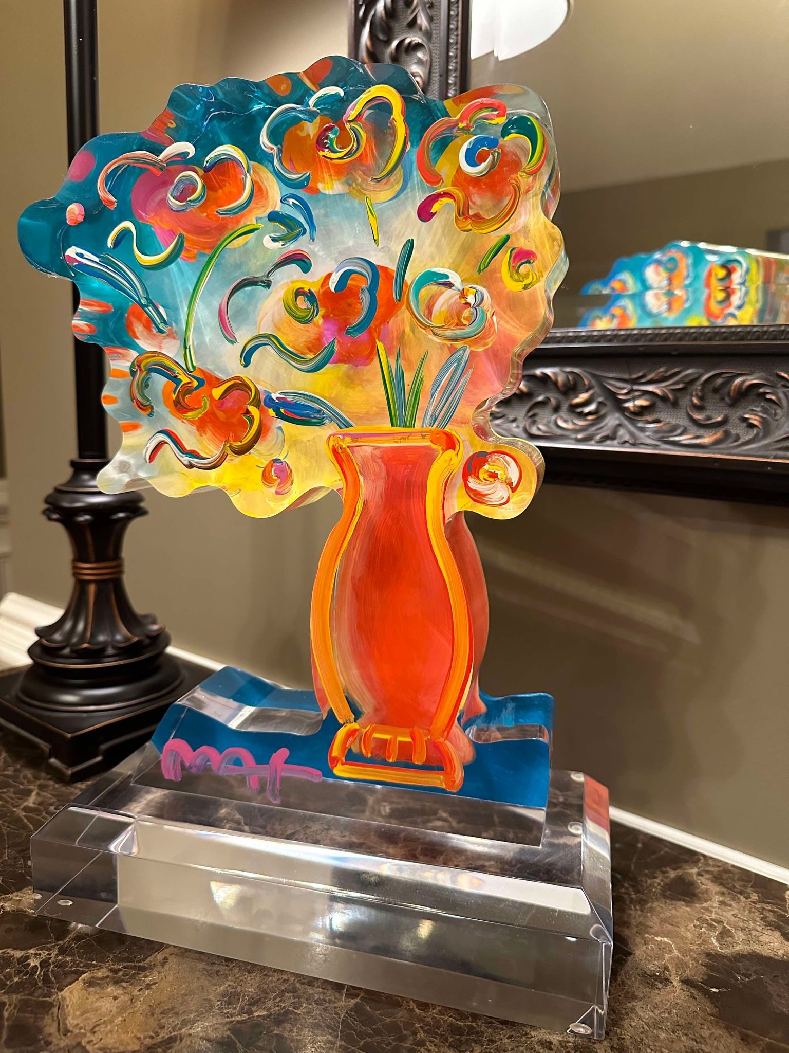 Peter Max Vase of Flowers Ver III (Right): Peter Max "Vase of Flowers Ver. Ill #268 (Right)" UNIQUE 2017 12" x 9" Hand painted acrylic sculpture. Hand-signed in pigment lower left by the artist. COA