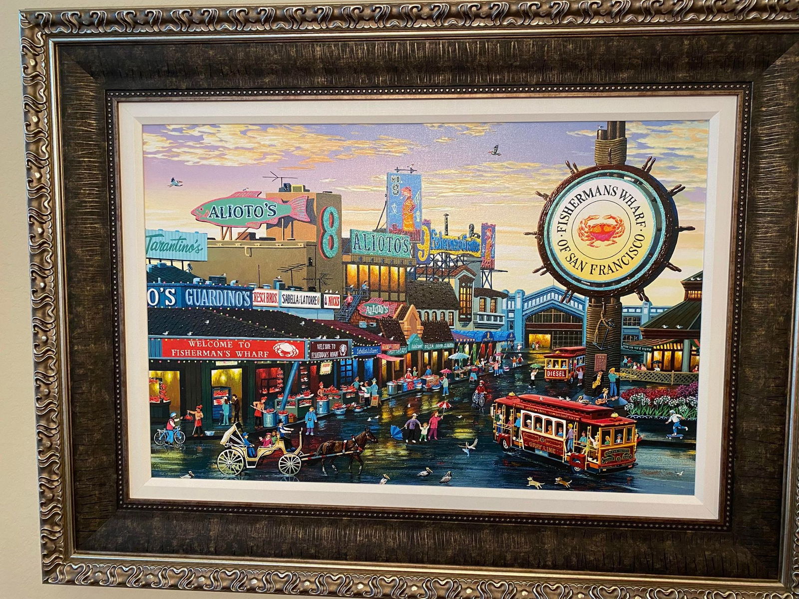 Fisherman's Wharf: Alexander Chen "Fisherman's Wharf" 2018 22 5/8"x34" (Image size) GIclee in color with hand-embellishment on canvas. Hand-signed in pigment by the artist. Appraisal, Gallery framed. AS
