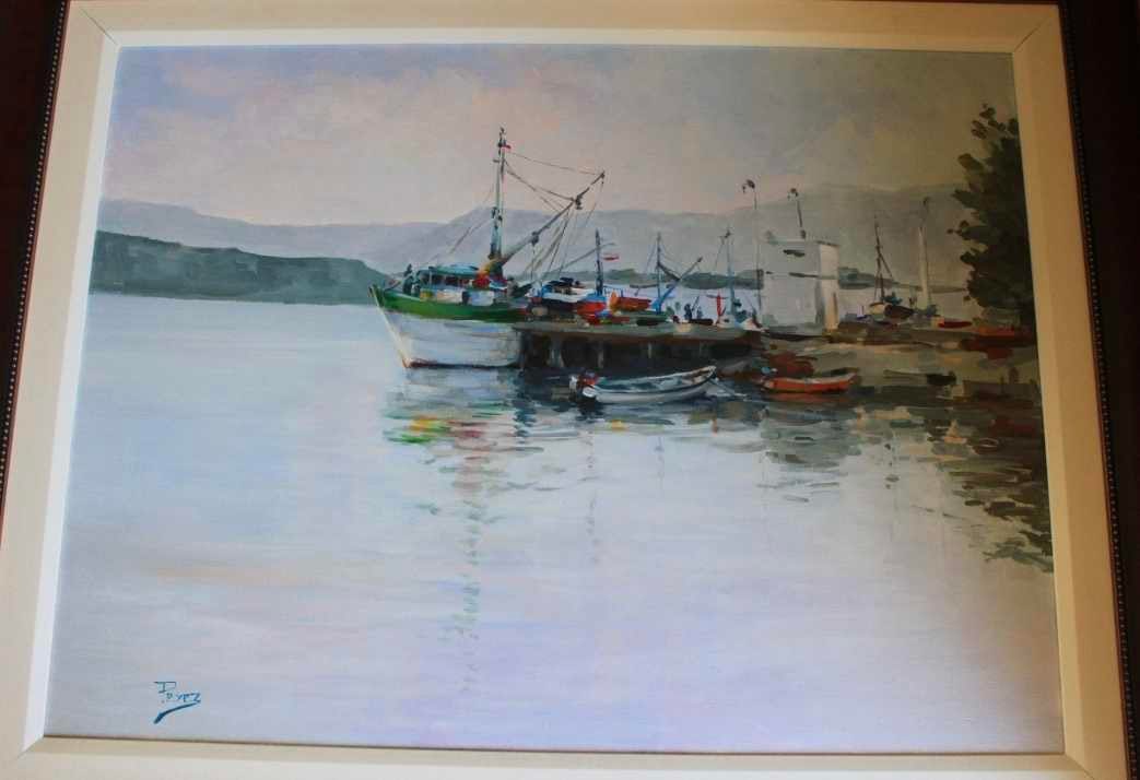 Fishing ships in Calle Calle: Alex Perez "Fishing Ships in Calle Calle" 2003 31" x 23 1/2" Image size Acrylic painting on canvas. Signed in pigment lower left. A unique work. Gallery Framed, COA