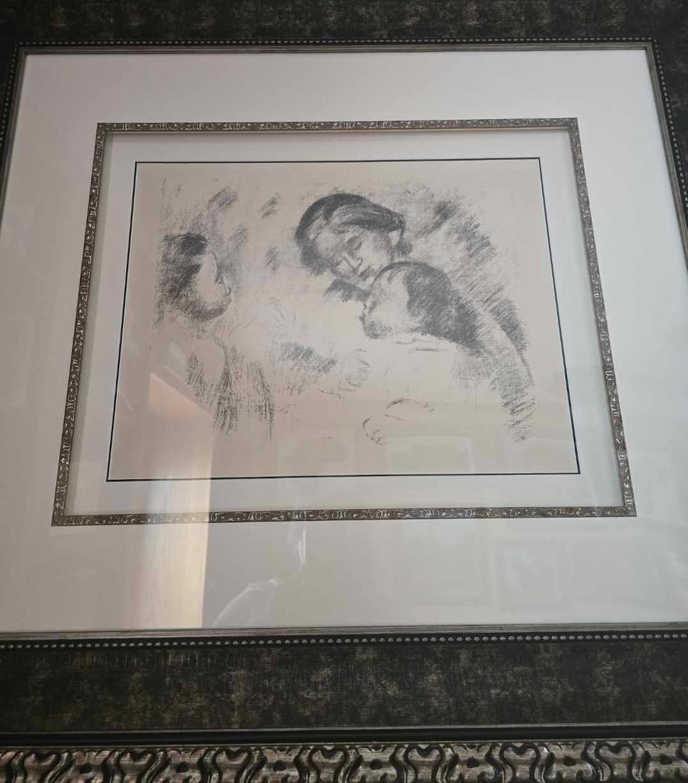 "Une Mere et Deux Enfants:: Pierre-auguste Renoir "Une Mere et Deux Enfants" 1912 d.54 18 1/2" x 24 7/8" image size Lithograph on MBM Ingres D'Arches cream laid paper: Signed in the plate. Gallery framed, COA