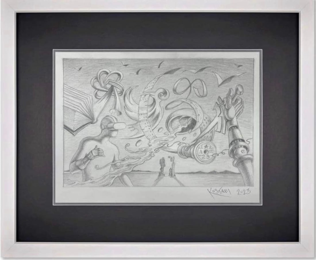 Mark Kostabi "Virtual Metamorphisis": Mark Kostabi "Virtual Metamorphisis" 2023 Original Drawing COA