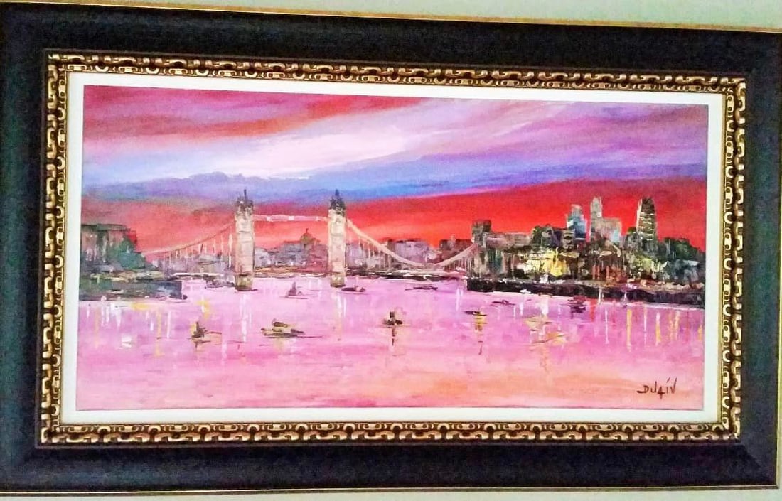 London on the Tamise: Duaiv "London the Tamise" UNIQUE 2015 20" x 40" image size Oil painting on canvas. Hand-signed in pigment lower right by the artist. Signed and titled on the verso. Gallery framed COA