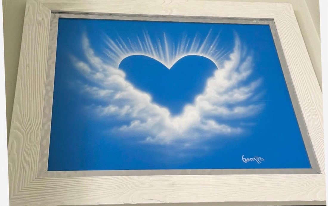 "Hearts of Hope (W)" (Cloud): Michael Godard "Hearts of Hope (W)" (Cloud) UNIQUE 2019 24" x 30" image size Acrylic painting on canvas Hand-signed in pigment lower night by the artiet. Gallery framed COA