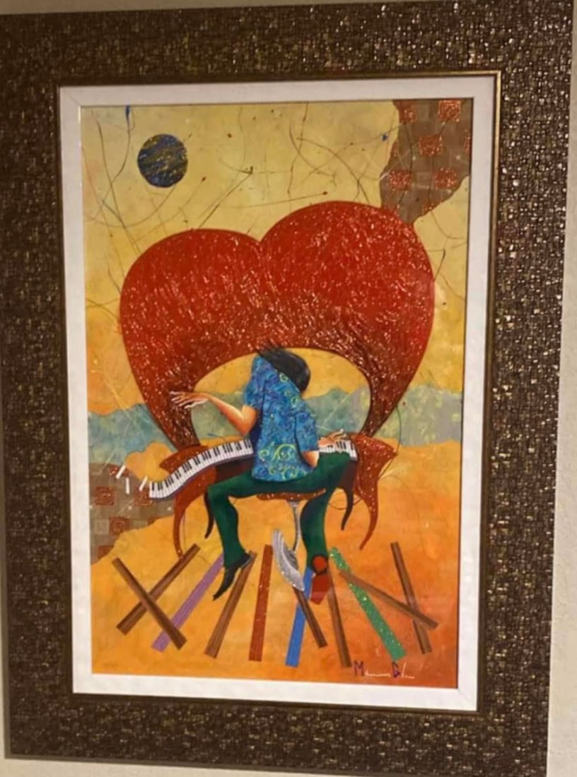 Piano Man: MARCUS GLENN "Piano Man" 2018 29" x 19 1/8" image size Digital multiple on aluminum through dye sublimation with hand-embellishment. Hand-signed by the artist. LE Gallery framed COA