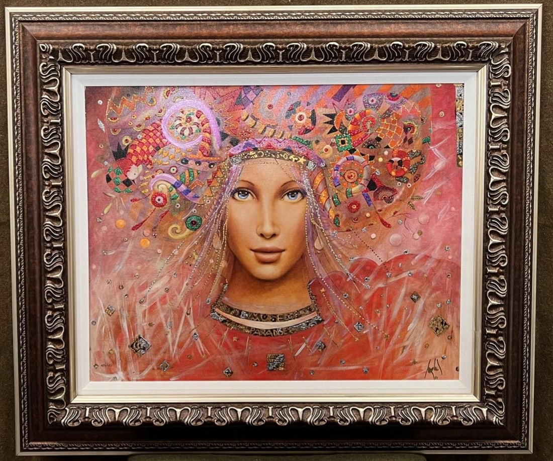 Csaba Markus "Muse of Paradise": Csaba Markus " Muse of Paradise" 2020 20"x 25" Image size Hand-embellished color giclee on canvas. Hand-signed in ink by the artist. From the Arabic numbered edition of 450 examples. Gallery framed,