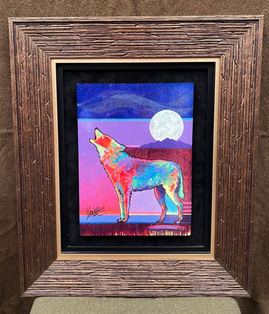 Tim Yanke "Four Winds Lone Wolf": Tim Yanke "Four Winds Lone Wolf" 2017 15" x 11 1/8" Image size Caldograph (dye sublimation on wood) Hand-signed in ink lower left by the artist. From the Arabic numbered edition of 450 examples. Galle