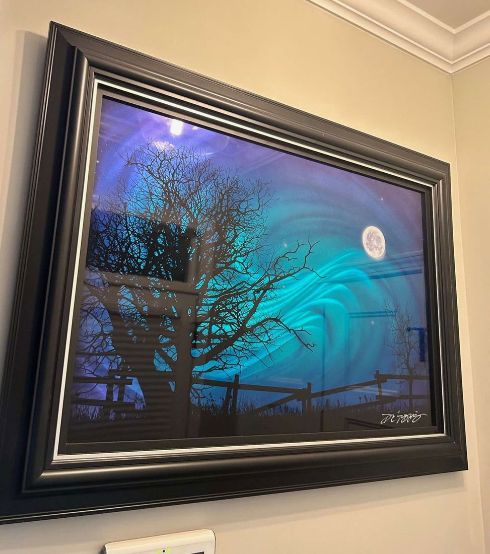 Chris Derubeis "Epic Night": Chris Derubeis "Epic Night" 2020 24" x36" image size Mixed media on aluminum including air-brush painting and hand ground surfaces. A Unique work. Gallery framed, COA, Appraisal