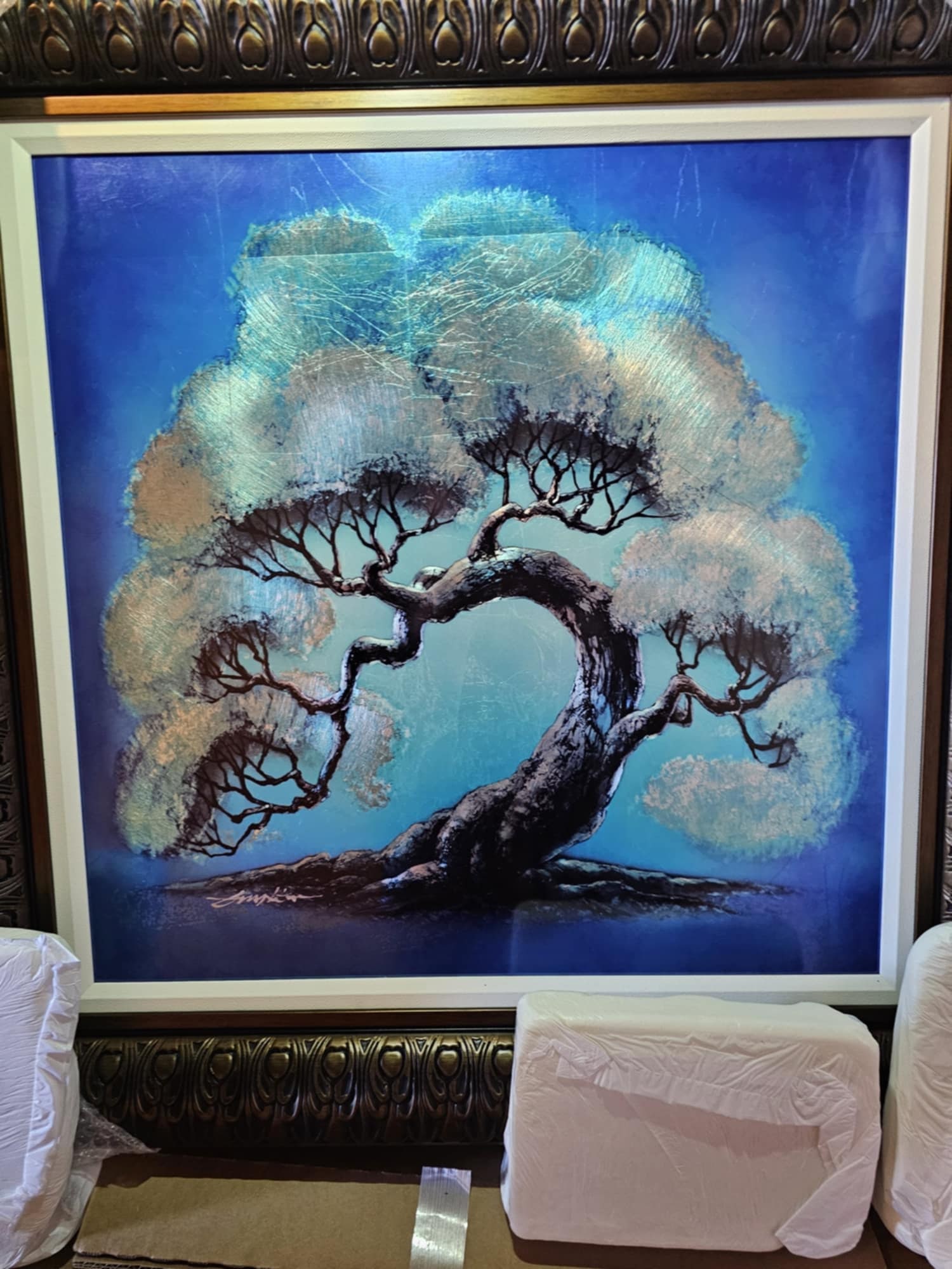 Patrick Guyton "Blue Silked Tree" Unique: Patrick Guyton "Blue Silked Tree" 2023 24" x 24" image size Mixed media on aluminum with faux silver by hand. Hand-signed in pigment lower left by the artist. Signed and dated on the verso. A unique