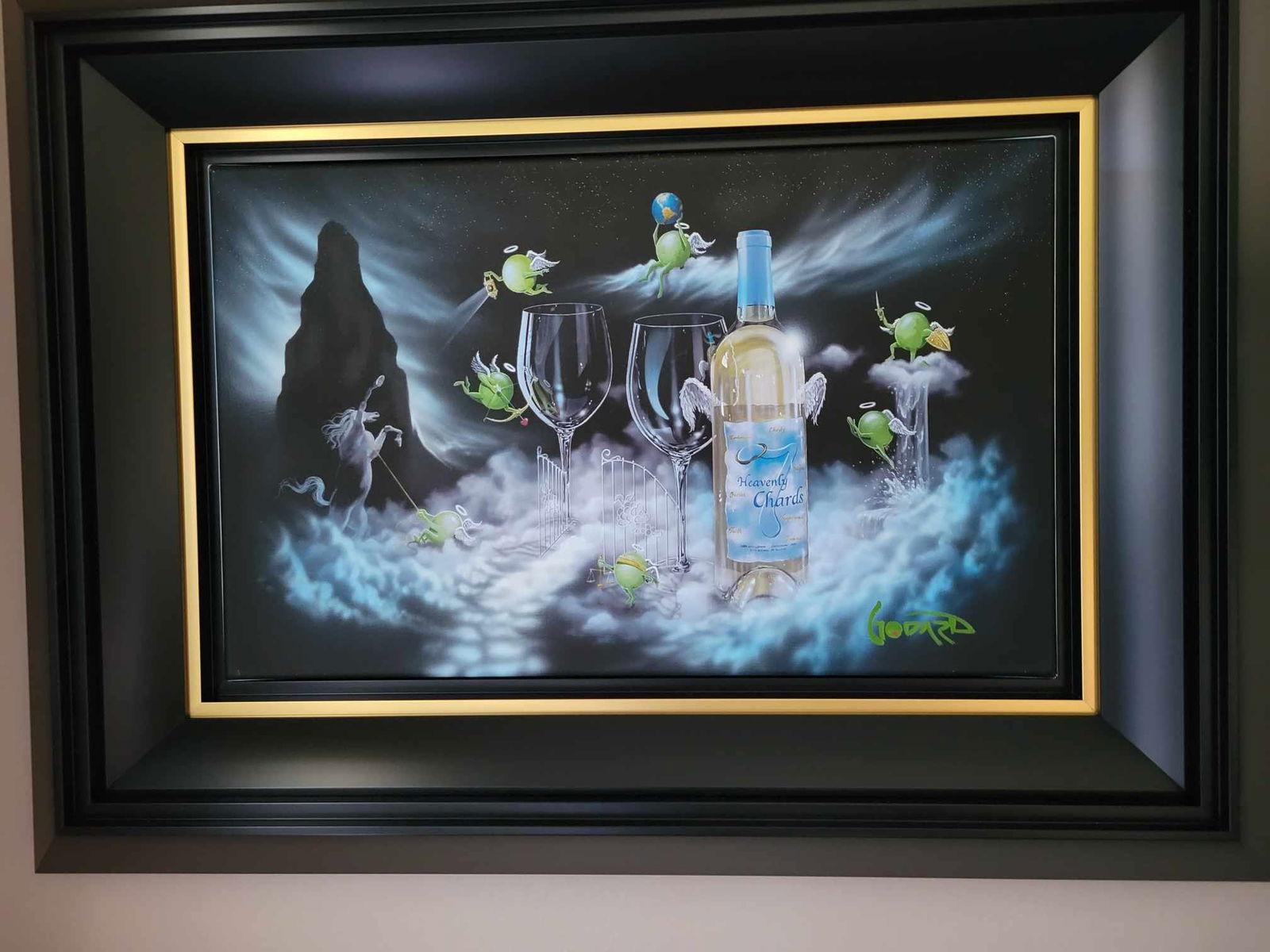 Michael Godarg "Heaven" Unique: Michael Godard "Heaven" 2020 16" x 25 1/2" image size mixed media painting with acrylic on canvas. Hand-signed in pigment lower right by the artist. A unique work. Gallery framed, COA, Appraisal