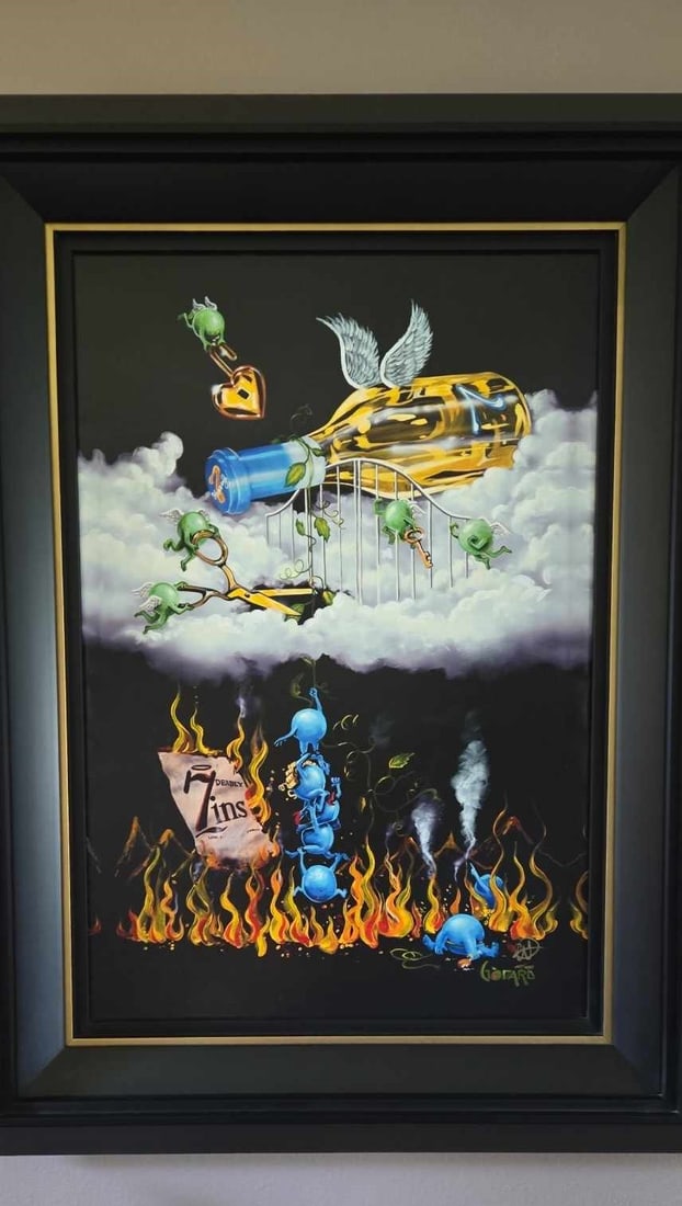 Michael Godard "Grape Confusion - Missing Grape": Michael Godard "Grape Confusion - Missing Grape" 2015 30" x 19 3/4" image size Giclee in color with hand-embellishment on canvas. Hand-signed in pigment by the artist. Gallery Framed, COA