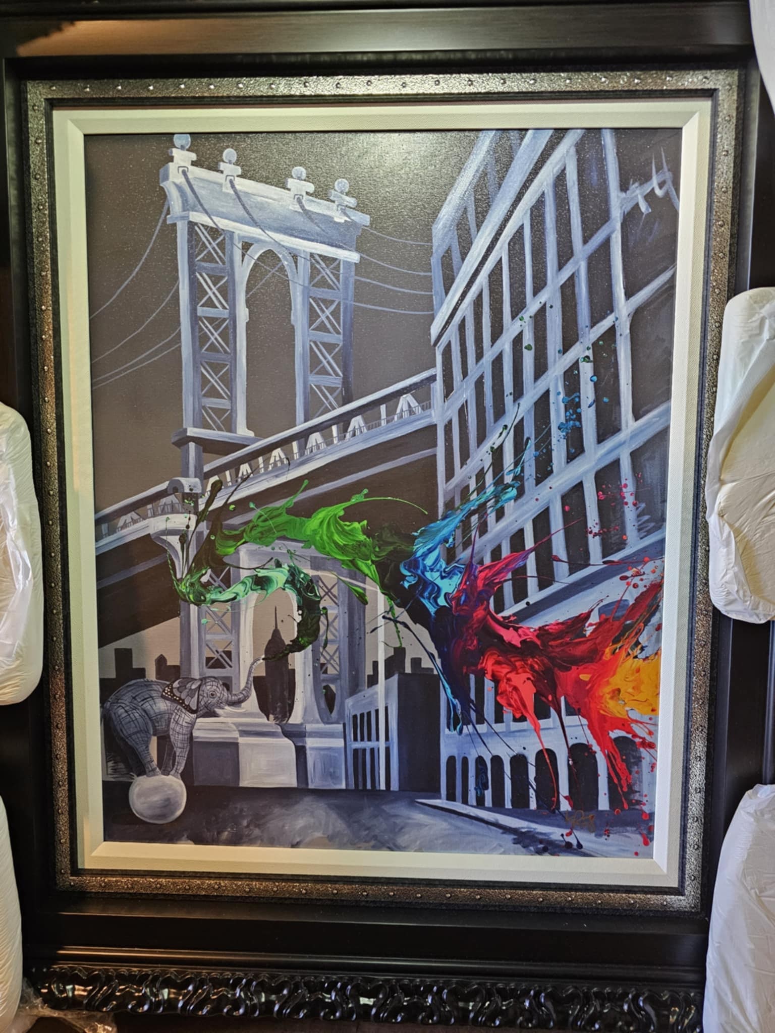 Kre8 "Another Beautiful Day in Dumbo": Kre8 "Another Beautiful Day in Dumbo" 2021 25" x 20" Image size Giclee in color with hand-embellishment on canvas. Hand-signed by the artist. From the Arabic numbered edition of 200 example. Gallery