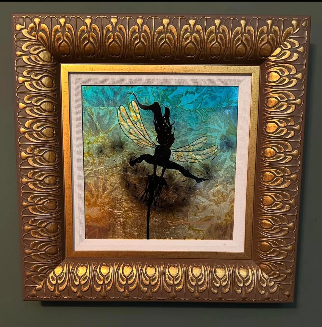 Patrick Guyton "Jumper": Patrick Guyton's "Jumper" - (Framed 20 1/2 x 20 1/2) A unique variation veined by hand with gold, copper or silver leaf. Hand signed by artist.