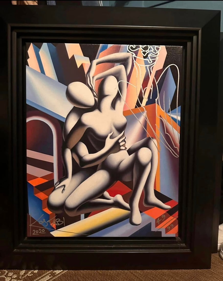 Mark Kostabi "Power of Source": Kostabi "Power of Source " giclee in color with oil pen drawings on canvas/2020 (33 x 28)