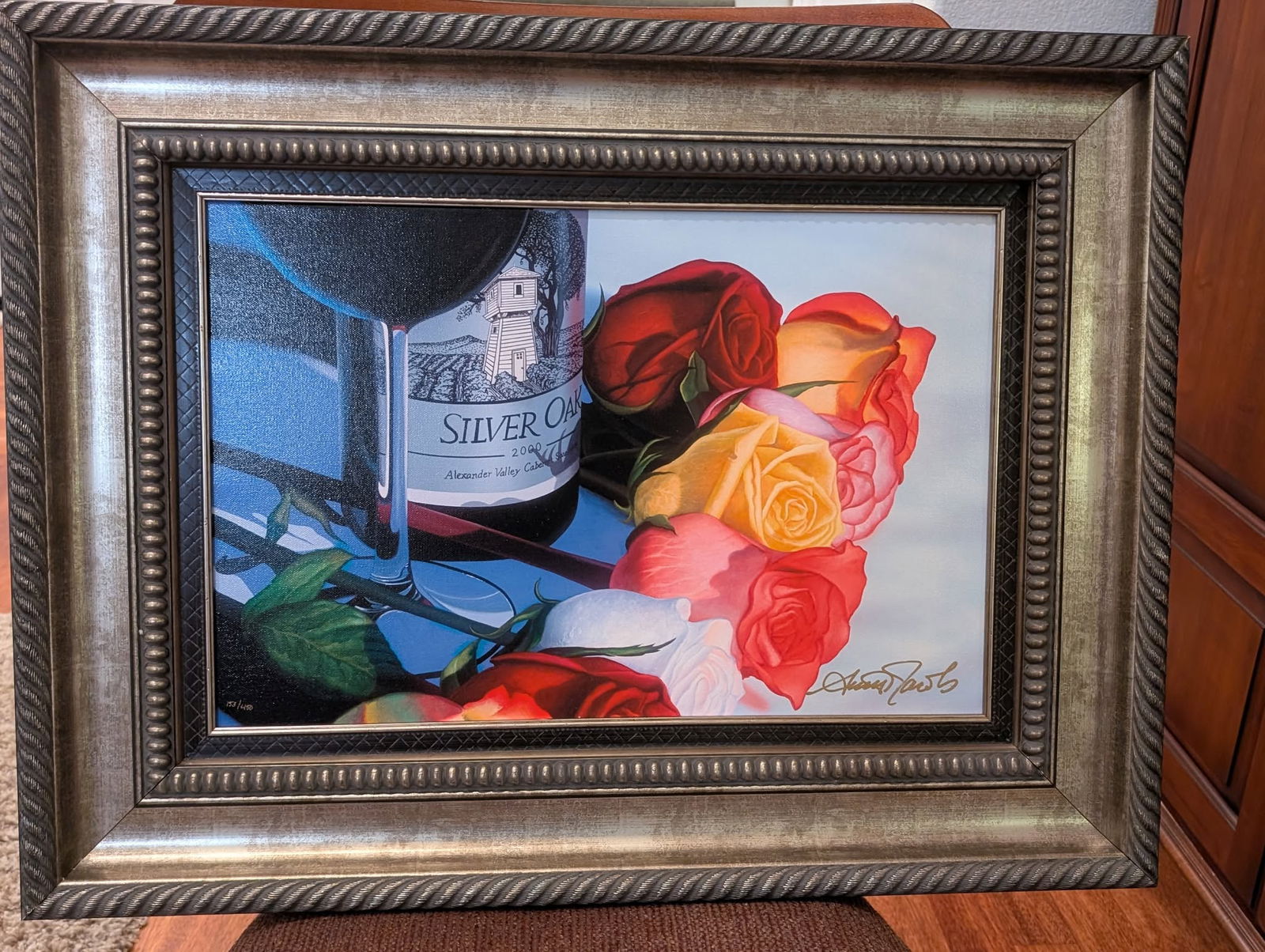 Scott Jacobs "Rainbow Red": Scott Jacobs "Rainbow Red" 2014 13 3/4" x 21" Giclee in color on canvas. Hand-signed in gold ink lower right by the artist. Gallery framed, COA, Appraisal