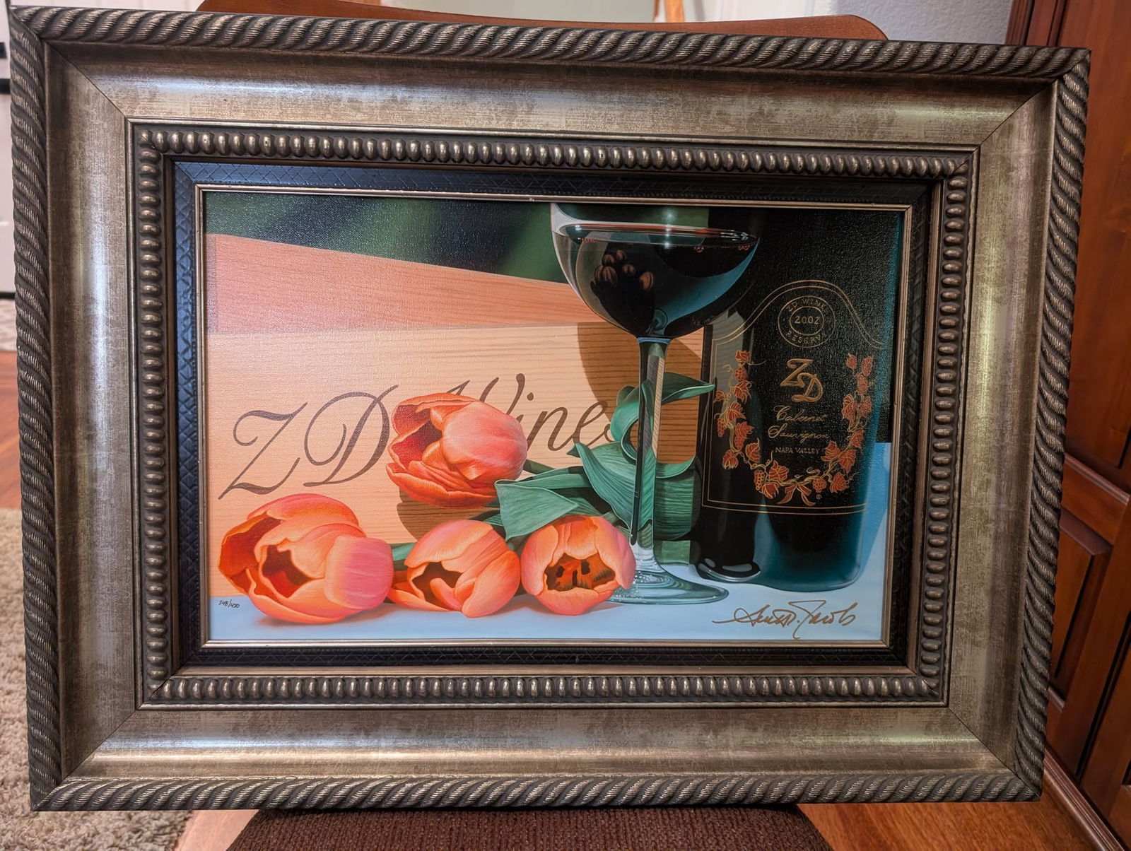 Scott Jacobs "Stems of Napa": Scott Jacobs "Stems of Napa" 2014 13 3/8" x 21" image size Giclee in color on canvas. Hand-signed in gold ink lower right by the artist. Gallery framed, COA, Appraisal