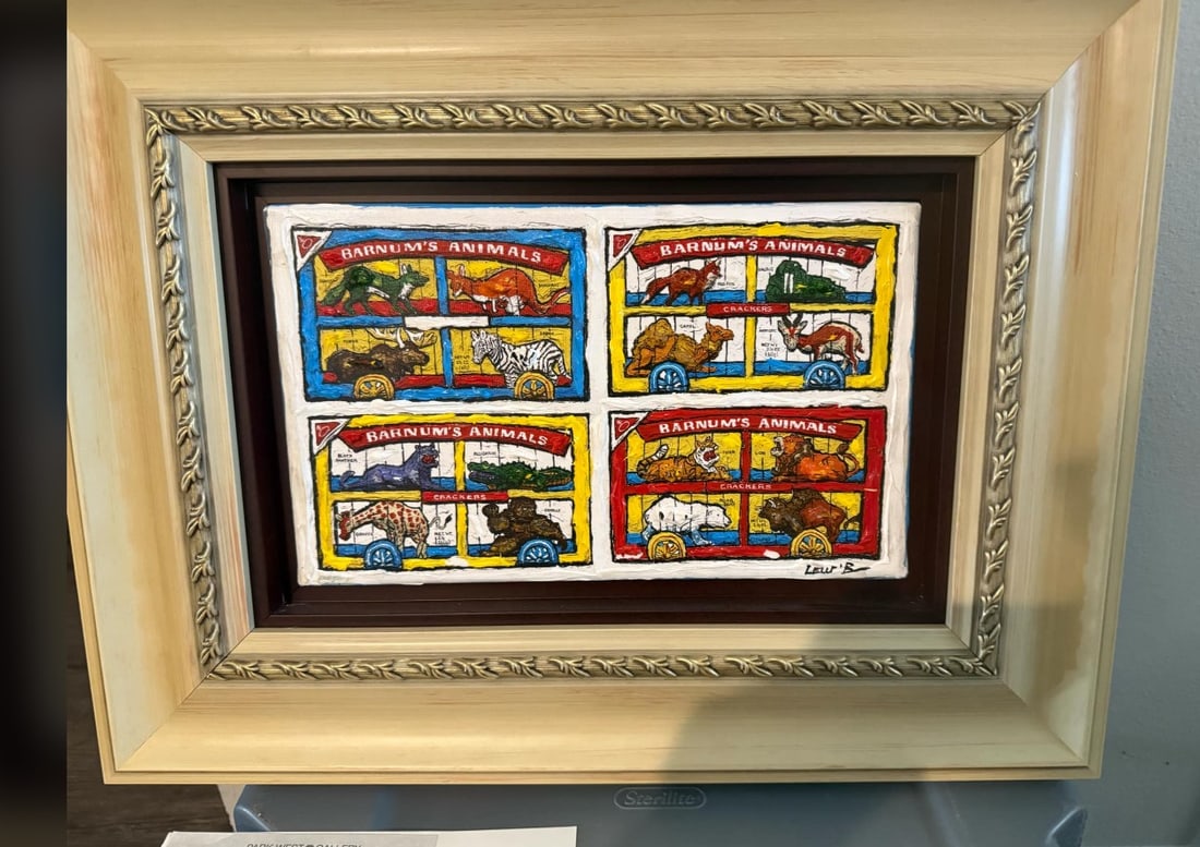 Leslie Lew "Animal Crackers" Unique: Leslie Lew "Animal Crackers" 2011 8" x 12 7/8" sculpted acrylic monotype on canvas. Signed in pigment lower right. A Unique work. Gallery framed, COA, Appraisal