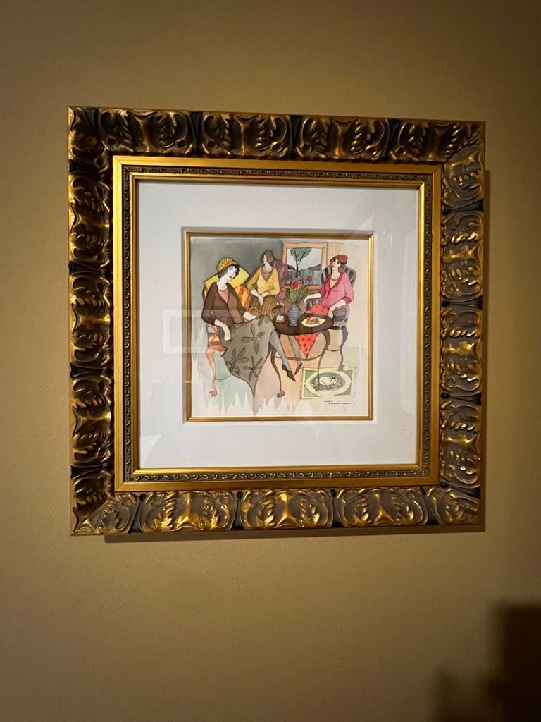 Itzachak Tarkey "A Perfect Day": Itzchak Tarkay "A Perfect Day" 2005 12" x12" image size Mixed media with watercolor on wove paper. Signed in ink lower right. A Unique work. Gallery framed, COA, Appraisla